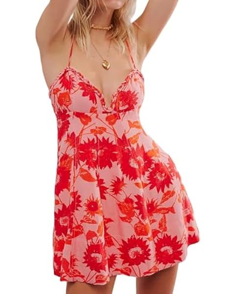 Women's Summer Casual Dress Adjustable Spaghetti Strap Floral Mini Short Dresses Spring Wedding S... | Amazon (US)