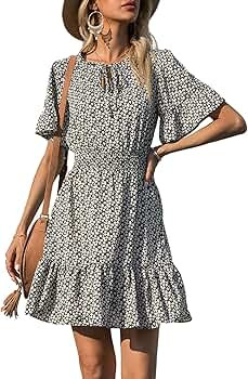 PRETTYGARDEN Women's Summer Boho Short Dresses Floral Print Tie Neck Short Sleeve Elastic High Wa... | Amazon (US)