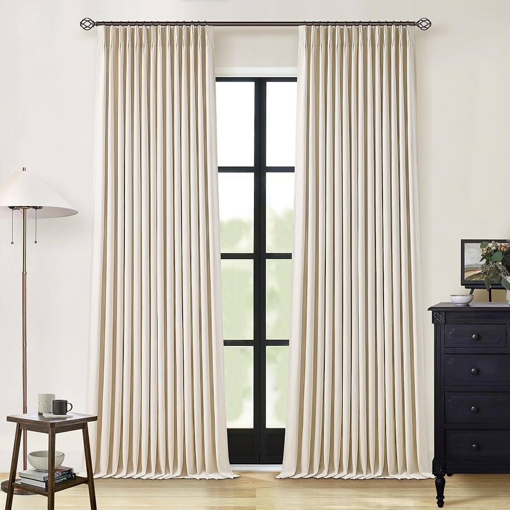 Beige Blackout Linen Curtains 90 Inch Length 2 Panels Set for Living Room Oatmeal Pinch Pleated B... | Amazon (US)