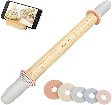 Geesta Adjustable Wood Rolling Pin with 5 Thickness Rings, Precise Dough Roller Handle Press Desi... | Amazon (US)