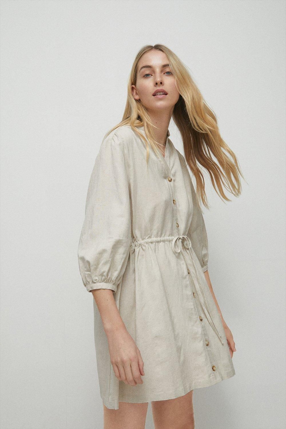 Linen Mix Drawstring Waist Mini Shirt Dress | Warehouse UK & IE