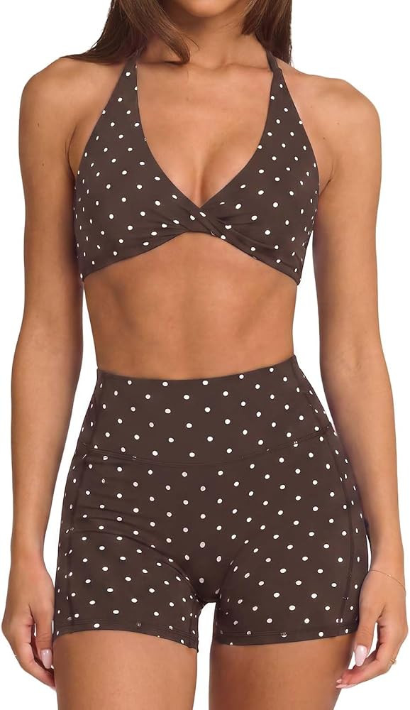 SUUKSESS Women 2 Piece Workout Sets Twist V Neck Sports Bra Yoga Gym Biker Short | Amazon (US)