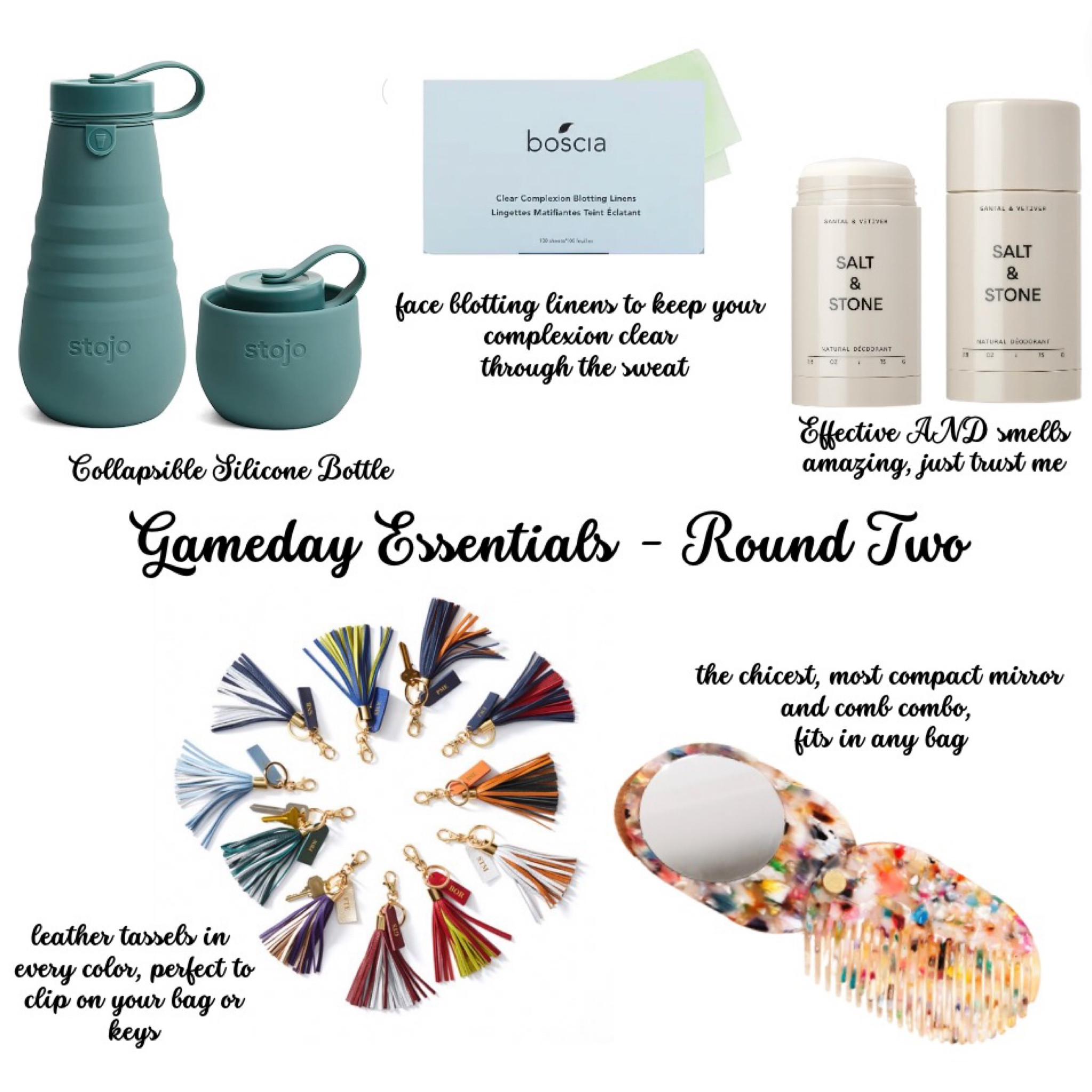 gameday essentials - part ✌🏼! a few beauty products to combat the heat, my favorite collapsible bottle that I bring absolutely everywhere, personalized leather tassels to add to your bags and keys and the chicest folding mirror/comb combo that looks cute in a clear bag and is soo functional. 

#LTKFind #LTKSeasonal #LTKBacktoSchool