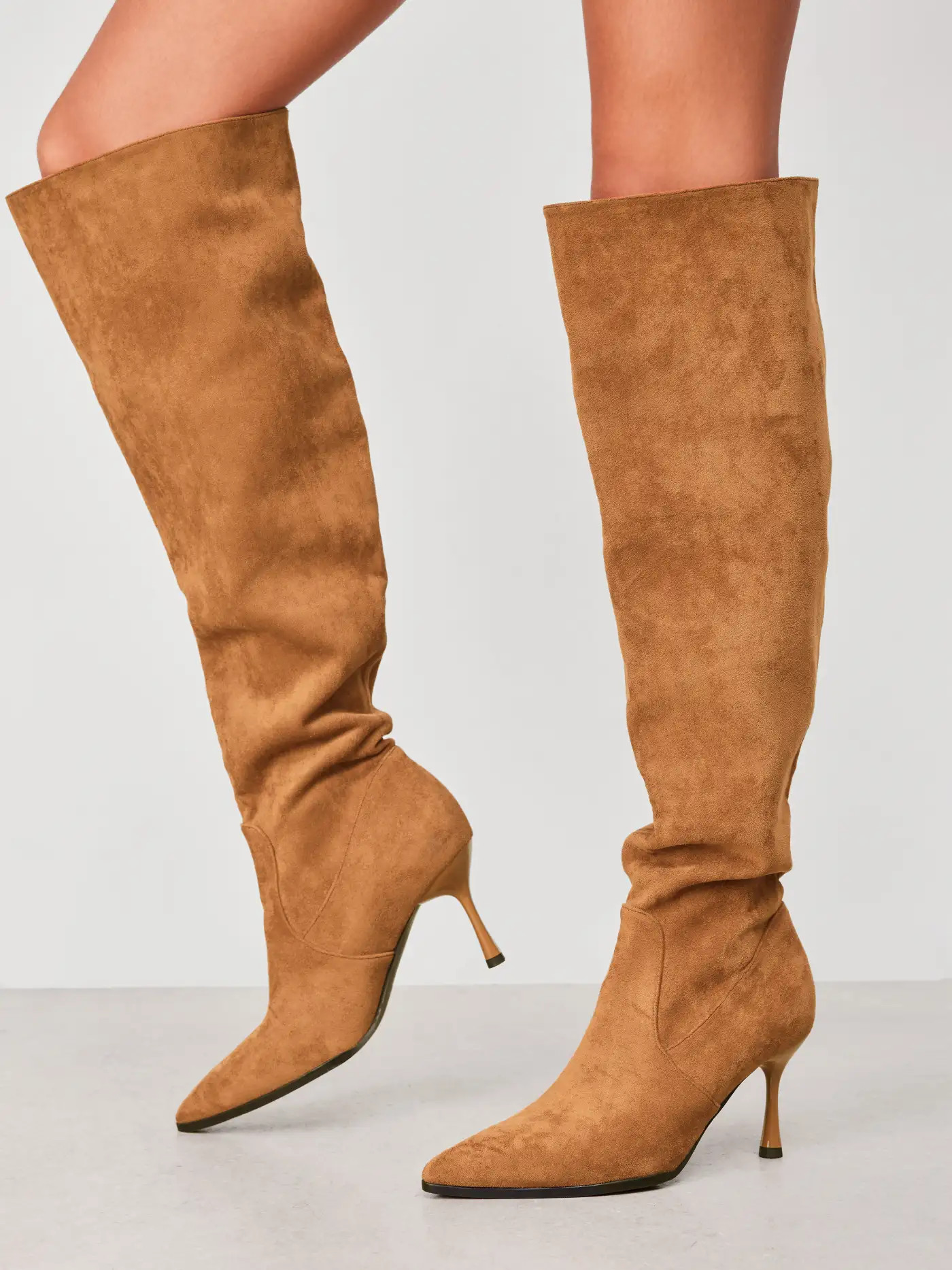 FAUX SUEDE STILETTO RUCHED KNEE HIGH BOOTS | Cider
