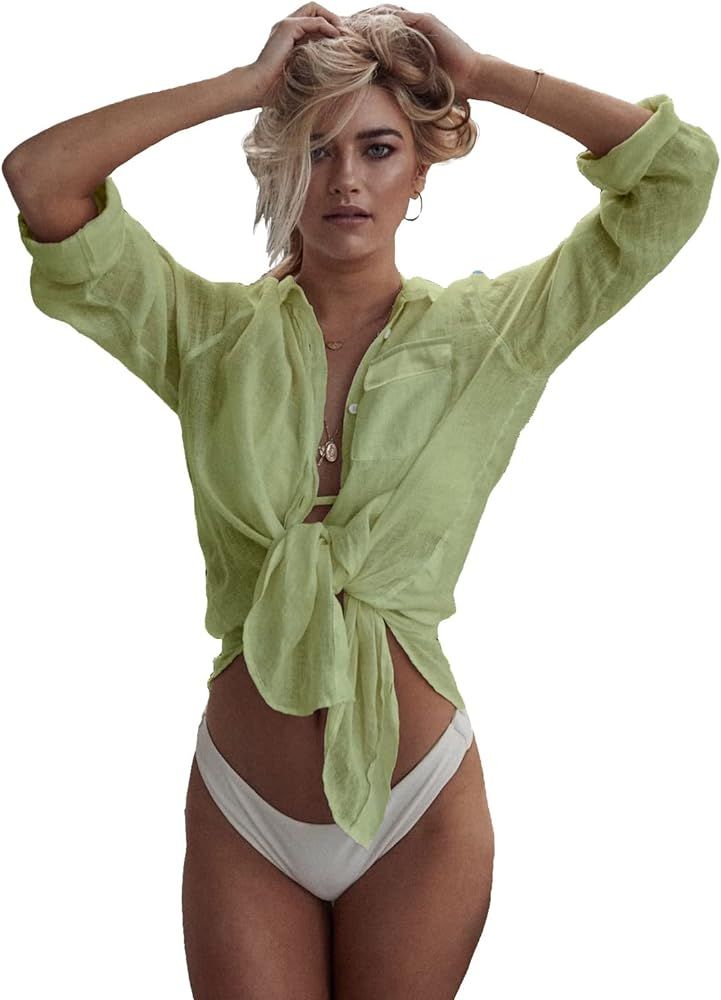 Zoye Chen Women’s Bikini Swimsuit Cover Up Button Down V Neck Shirts Long Sleeve Blouse Beachwear Ba | Amazon (US)