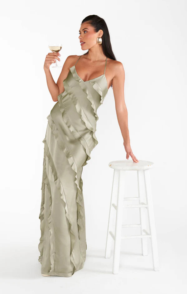 Romance Ruffle Dress ~ Moss Green Luxe Satin | Show Me Your Mumu
