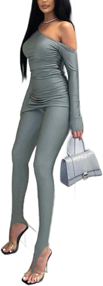 Sexy Outfit for Women 2 Piece Off the Shoulder Sloping Neck Top Bodycon Pants Club Bar Sets | Amazon (US)