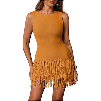 Women's Fringe Sleeveless Mini Dress Crew Neck Bodycon Knit Party Club Dresses | Amazon (US)