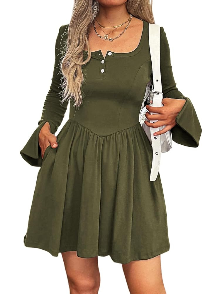 Women Bell Long Sleeve Mini Dress Square Neck Button Down A Line Pleated Fall Dresses with Pocket... | Amazon (US)