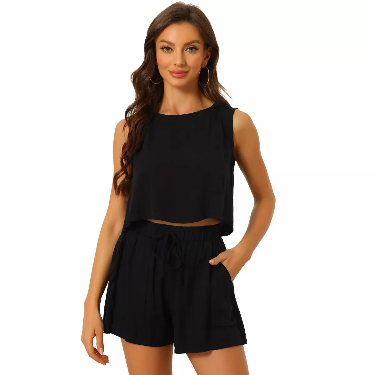Allegra K Women's Casual Round Neck Sleeveless Top and Shorts with Elastic Waist Set Black Small | Target