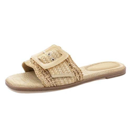 Rihero Raffia Flat Sandals for Women Dressy Slip On Beach Slides Square Toe Buckle Summer Fashion Woven Sandals Natural Size 9.5 | Amazon (US)