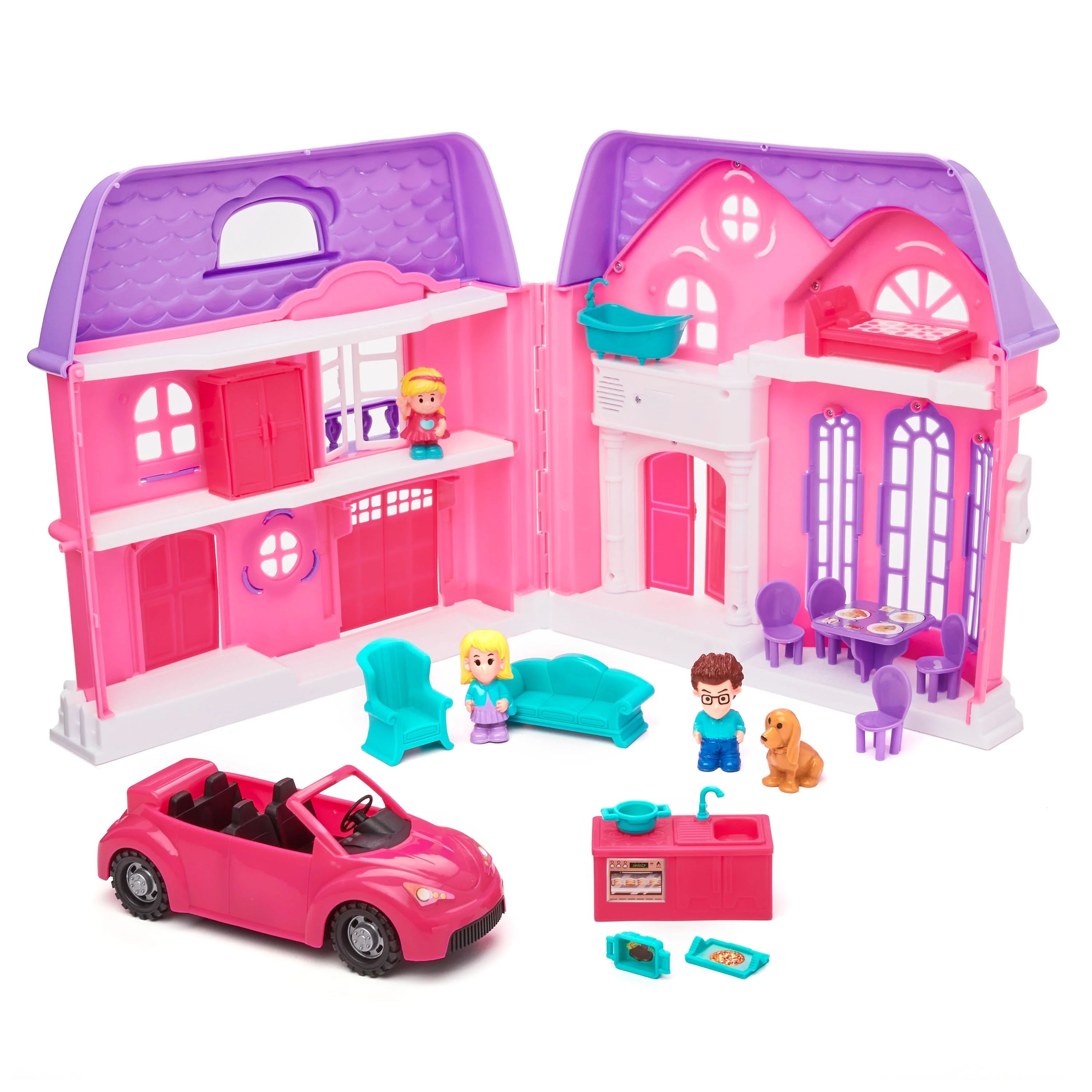Kid Connection Folding Dollhouse Play Set, Pink & Purple, 20 Pieces | Walmart (US)