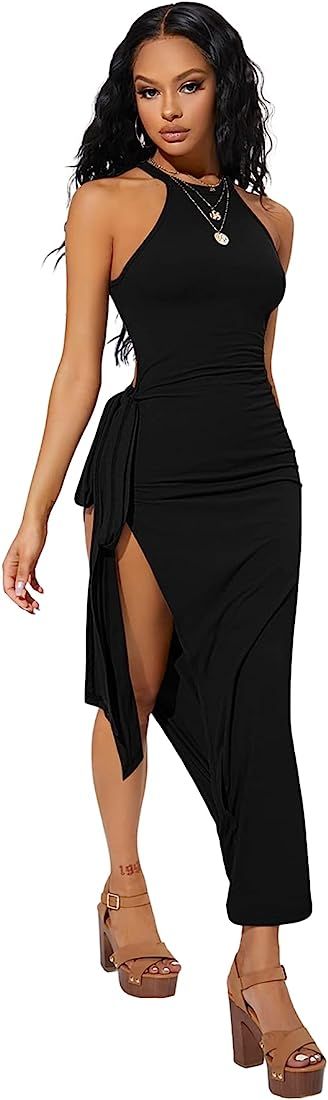 SheIn Women's Sexy Sleeveless Halter Neck Side Slit Tie Knot Bodycon Long Dresses | Amazon (US)