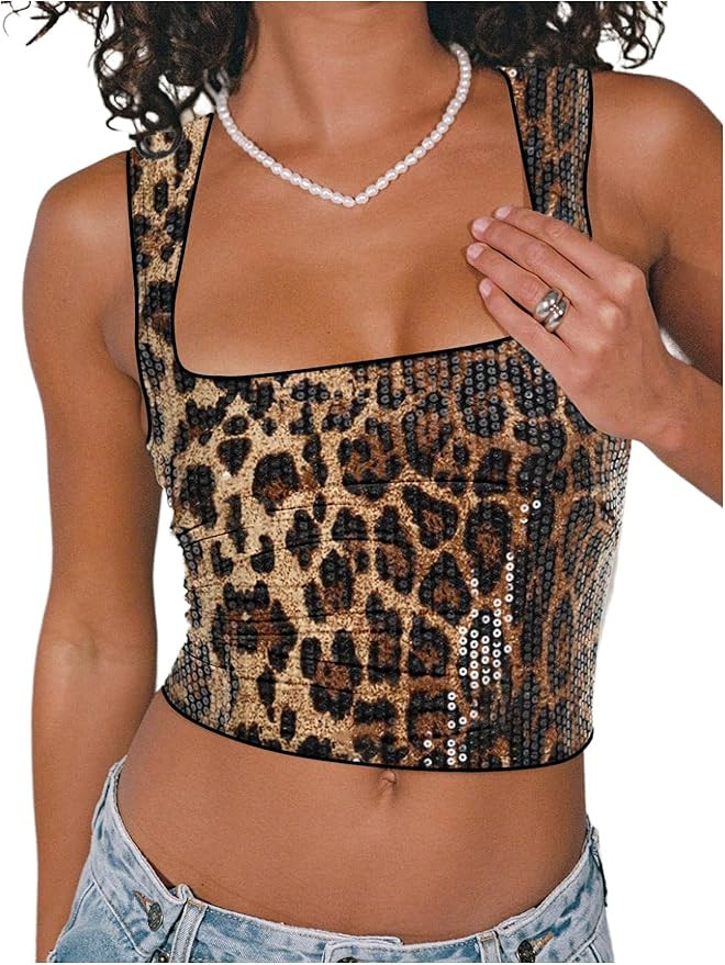 SOLY HUX Women's Leopard Sequin Tank Top Square Neck Sleeveless Y2k Cheetah Print Crop Tops | Amazon (US)
