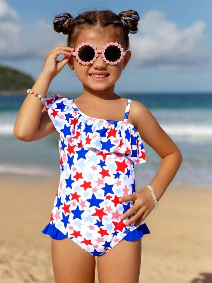 Young Girls Red And Blue Star Print Ruffled One-Piece Swimsuit,July 4th Swimsuit | SHEIN