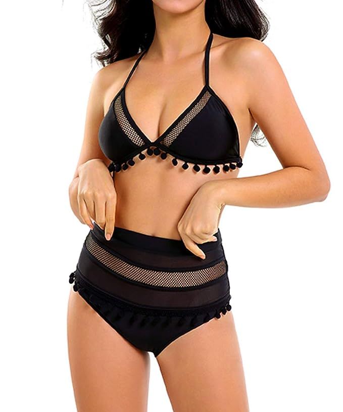 AdoreShe Women's Mesh High Waisted Bikini Set Halter Straps Swimsuits Tassel Trim Bathing Suits S... | Amazon (US)