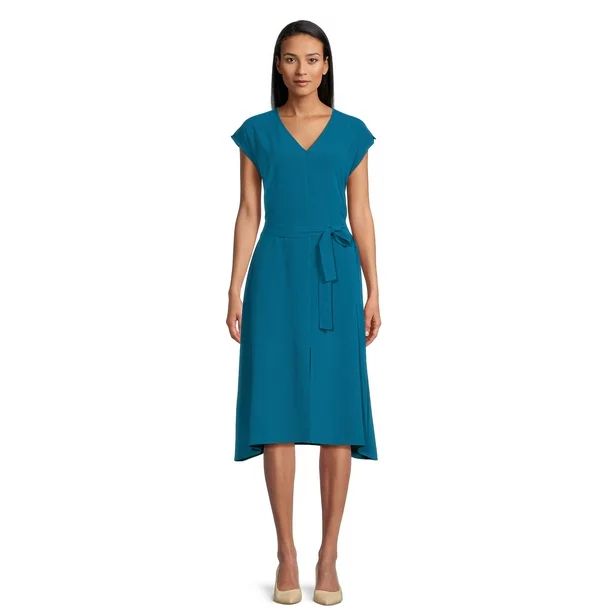 Time and Tru Women's V-Neck Midi Dress with Belt, Sizes XS-3XL | Walmart (US)
