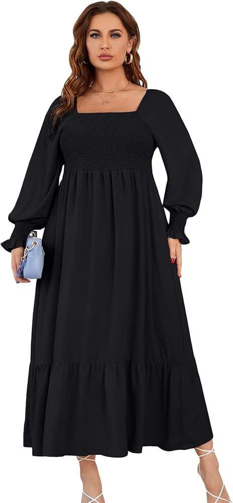 WDIRARA Women's Square Neck Flounce Shirred Ruffle Hem Elegant Long Sleeve Maxi Dress | Amazon (US)