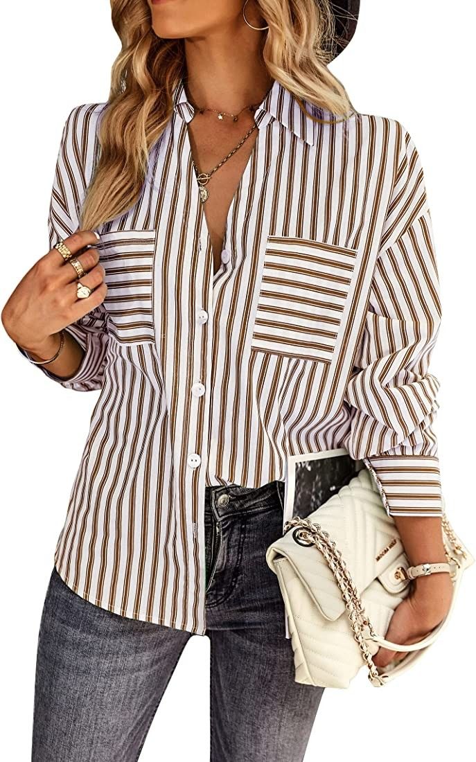 KAYWIDE Women's Striped Button Down Shirts Casual Long Sleeves Lapel Collar Tunic Tops Boyfriend Blo | Amazon (US)