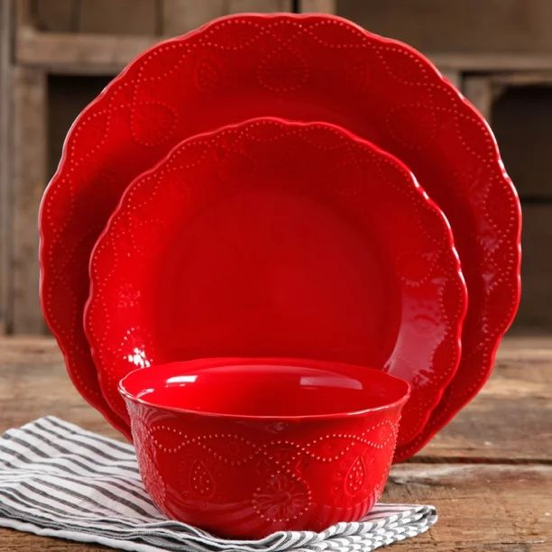 The Pioneer Woman Cowgirl Lace 12-Piece Dinnerware Set, Red | Walmart (US)