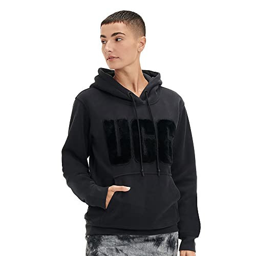 UGG Women's Rey Fuzzy Logo Hoodie Sweatshirt, Black, L | Amazon (US)