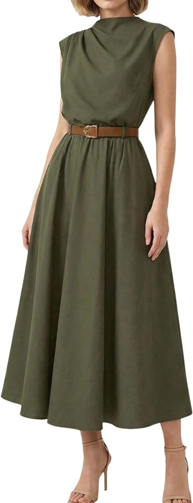 OYOANGLE Women's Mock Neck Ruched Belted Dress Cinched Waist A Line Dress | Amazon (US)