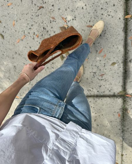 Spring outfit. Best high rise denim TTS, cropped white top, woven bag (have had for years and still a favorite!), raffia ballet flats (size up 1/2 size)

#LTKworkwear #LTKSpringSale