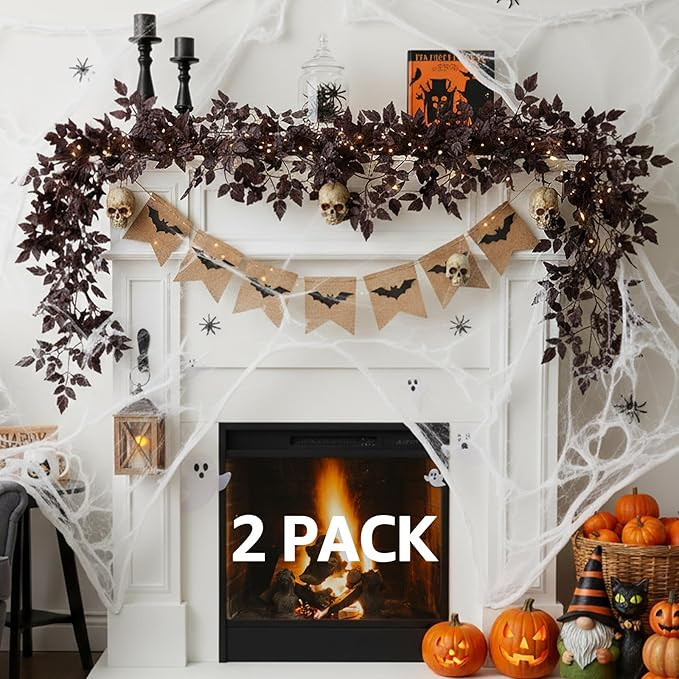 Neutral Fall Garland for Mantle Fireplace - 2 Pack 6Ft Plum Cimicifuga Seeded Leaf Garlands Purpl... | Amazon (US)