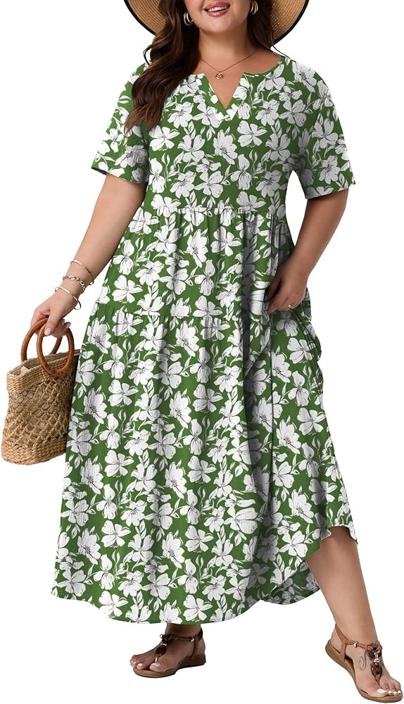 OLRIK Plus Size Maxi Dresses for Curvy Women - Flowy Boho Summer Dress with Pockets, V-Neck Short... | Amazon (US)