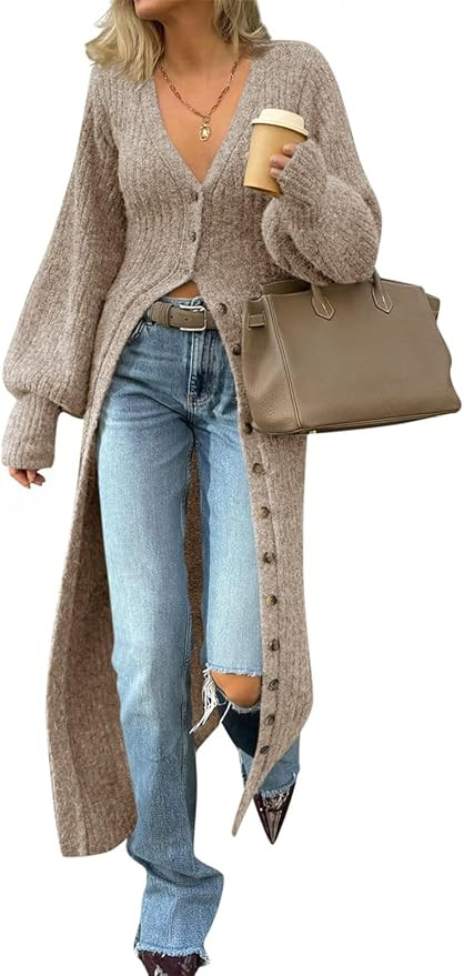 Saodimallsu Womens Long Cardigans V Neck Button Down Chunky Knit Dusters Sweater Coat Fall Trendy... | Amazon (US)