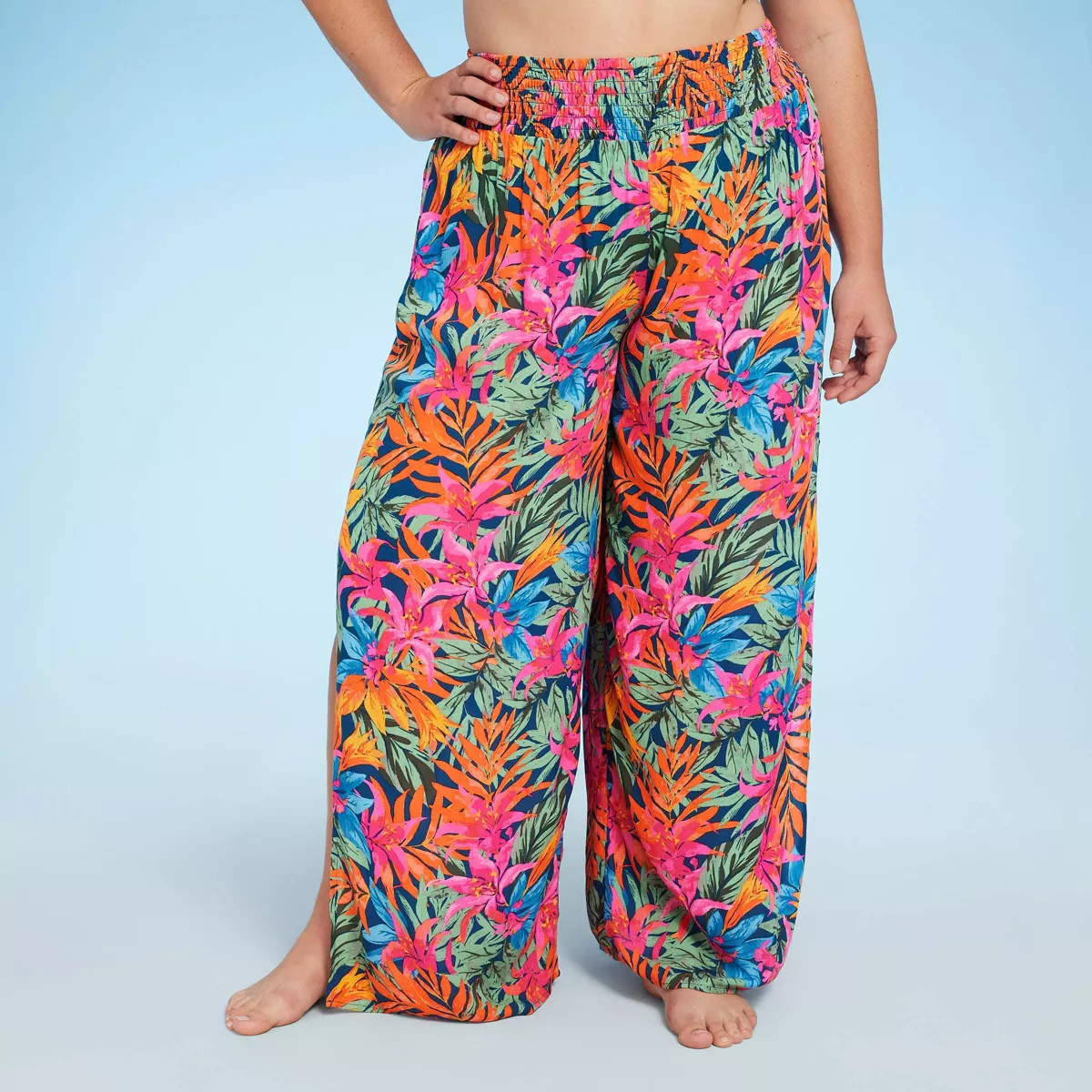 Women's Smocked Waist Side Slit Cover Up Pants - Shade & Shore™ Multi Tropical Floral Print 1X | Target