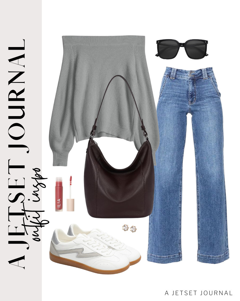 A gray off-the-shoulder knit sweater paired with Astylish jeans is an awesome outfit, too! I styled this one with an Iswee soft leather bag and Project Cloud sneakers. These stud earrings go well with this fit! 

 #LTKSeasonal #LTKSaleAlert #LTKTravel
