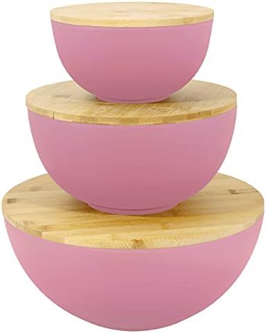 Large Salad Bowl with Lid - Set of 3 Salad Bowls with Wooden Lids, Bamboo Fibre like Melamine Mix... | Amazon (US)