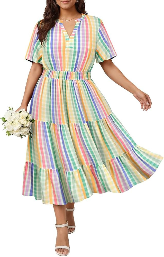 RITERA Plus Size Dresses for Women Smocked Ruffle V Neck Short Sleeve Summer Flowy Boho Wedding D... | Amazon (US)