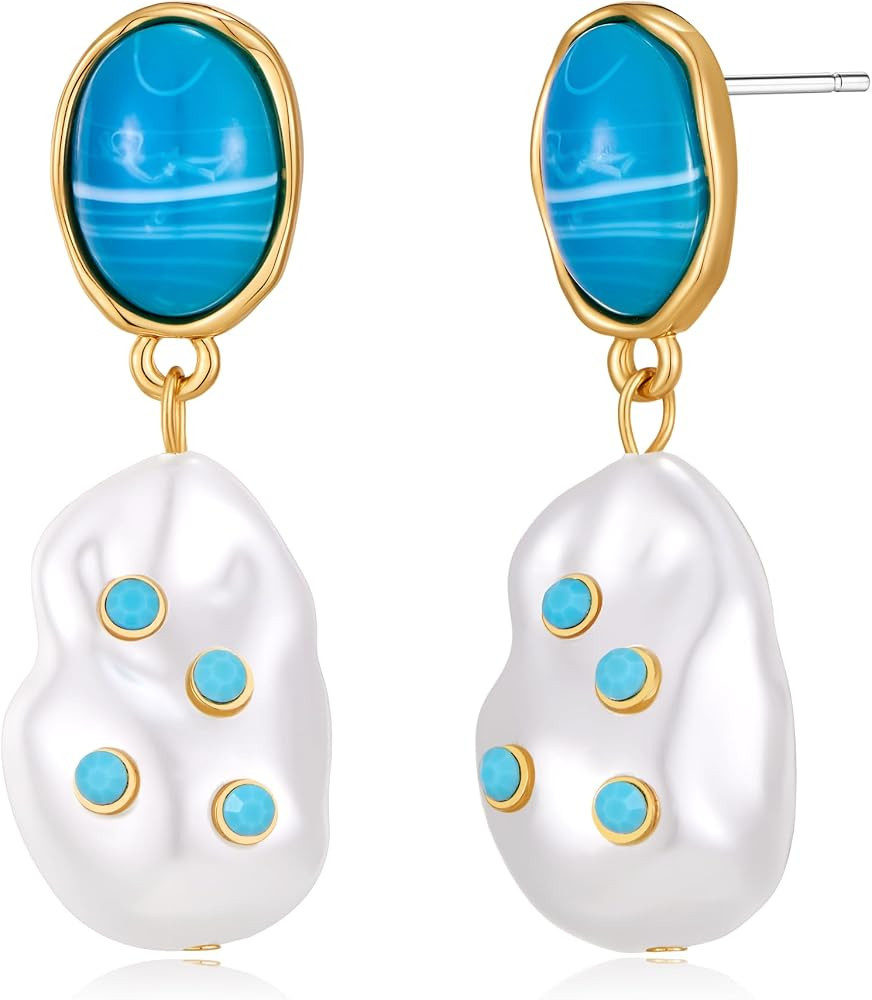 Ocean Design Earrings for Women - 14K Gold Plated Pearl/Turquoise/Zirconia Summer Beach Earrings,... | Amazon (US)