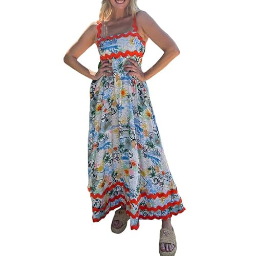 NUFIWI Women Boho Graffiti Cami Long Dress Graphic Spaghetti Strap Flowy Maxi Dress Square Neck C... | Amazon (US)