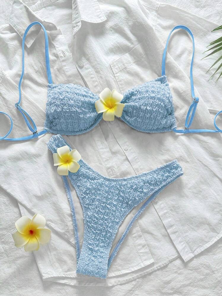Swim Mod Set De 2 Piezas De Bikini Bandeau Con Tirantes Finos De Tela Texturizada De Flores Y Diseño Liso Para Vacaciones De Verano En La Playa | SHEIN