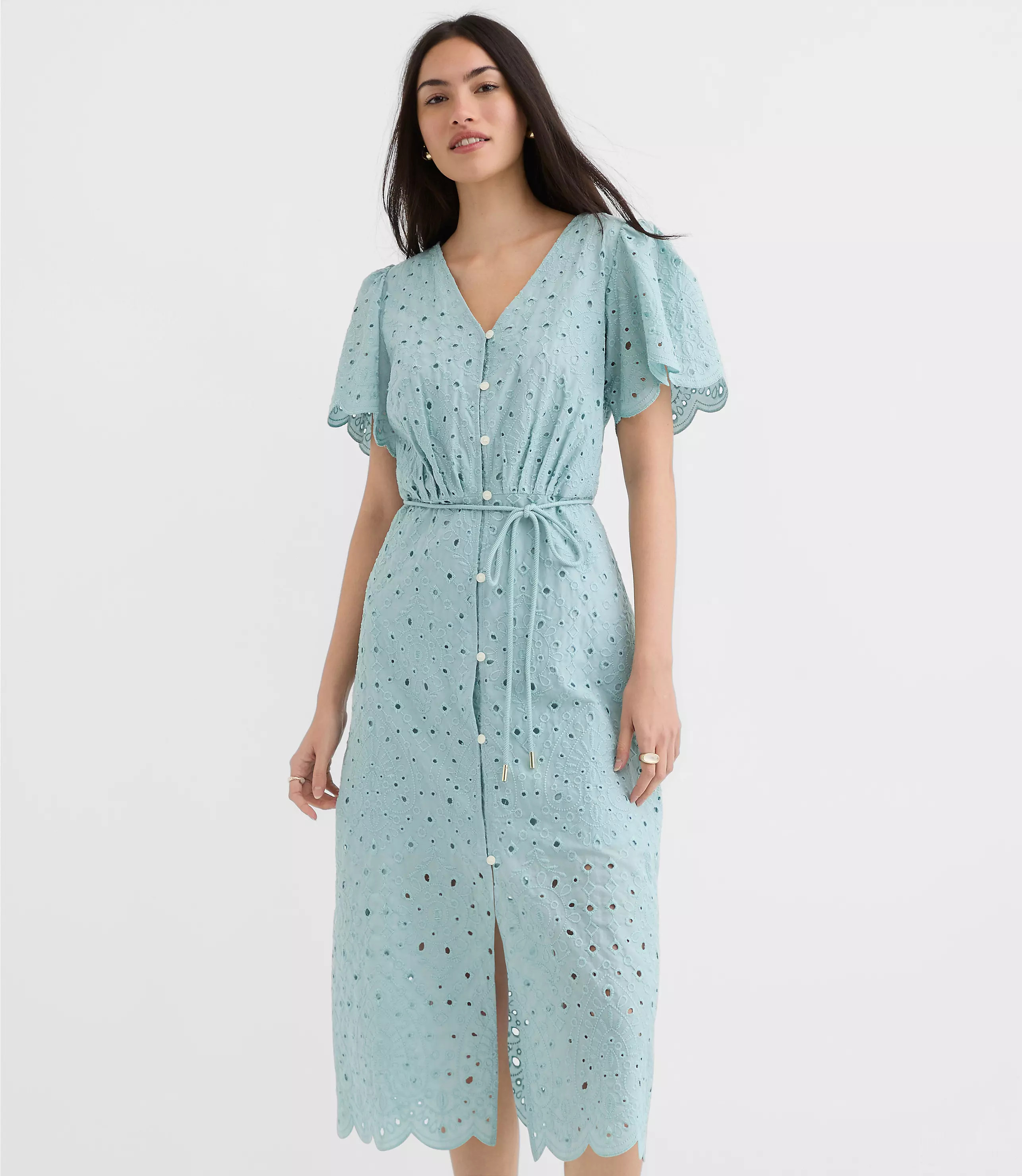 Tall Scalloped Eyelet Midi Pocket Shirtdress | LOFT