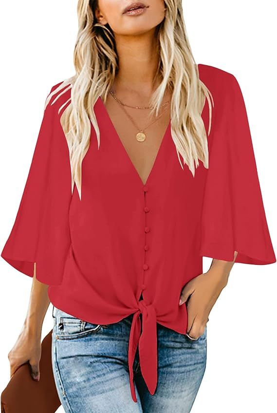 luvamia Women's Casual V Neck Tops 3/4 Sleeve Tie Knot Blouses Solid Button Down Shirts | Amazon (US)