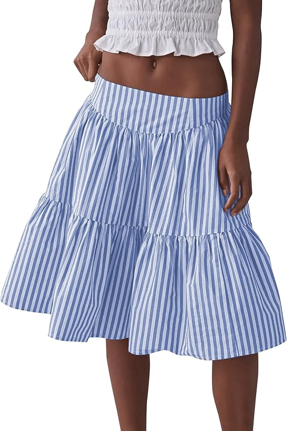 Wanzetaly Women's Casual Striped Skirts Cotton Midi Skirt A Line Elastic Back Waist Ruffle Skirt | Amazon (US)