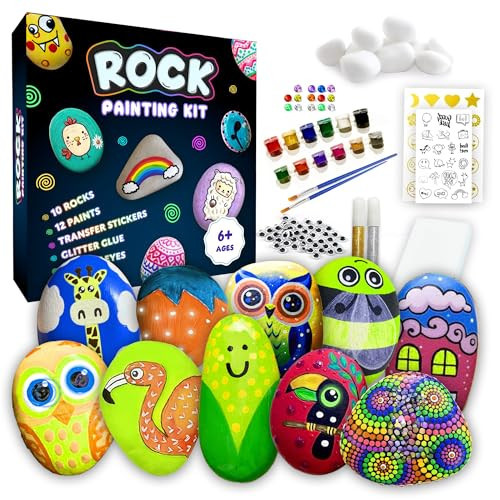 Rock Painting Kit for Kids 6-12 - 90+ Pcs Arts and Crafts Kit for Kids Painting - 10 White Rocks, 12 Paint Colors, Glitter Glue, Googly Eyes & More - Rock Art Supplies- DIY Arts & Crafts Easter Gifts | Amazon (US)