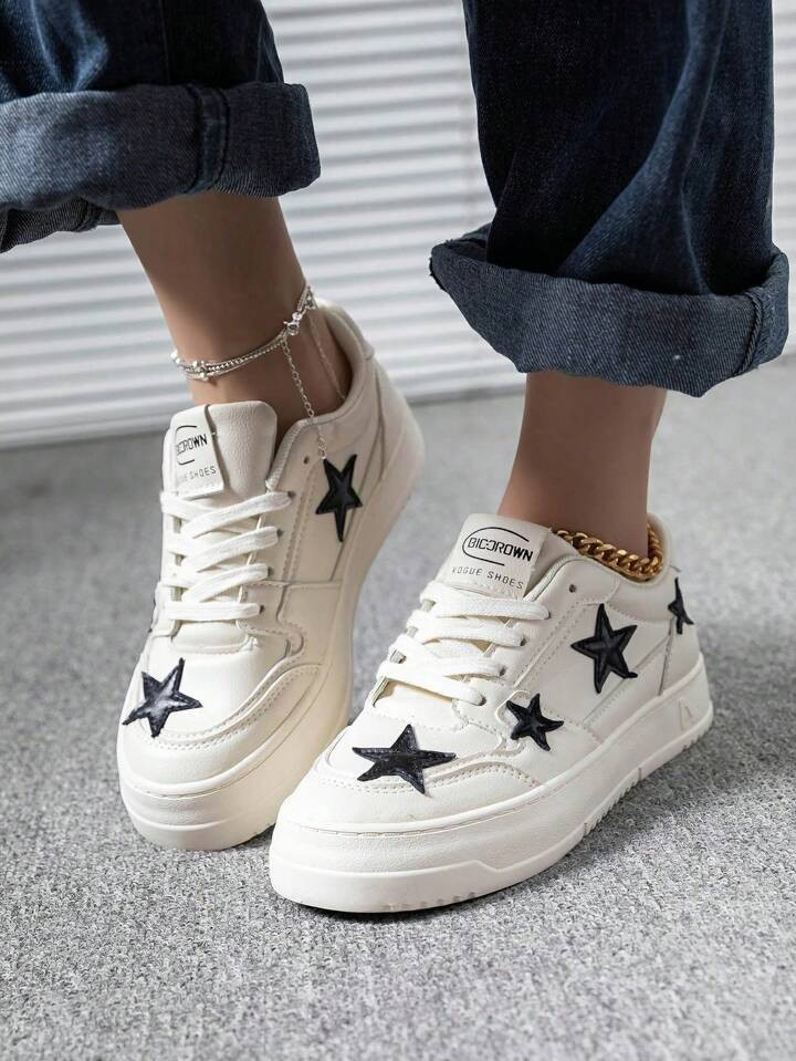 Women's Fashion All-Match Star Design Spring And Summer Outdoor White Light Lace-Up Round Toe Leather Flat Bottom Non-Slip Casual Shoes Sports Running Shoes 35-41 Size | SHEIN