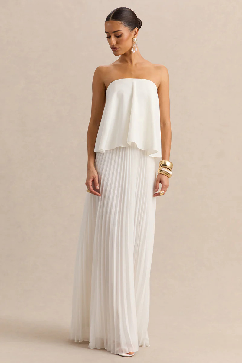 Saralyn  White Bandeau Maxi Dress With Pleated-Skirt | Club L London
