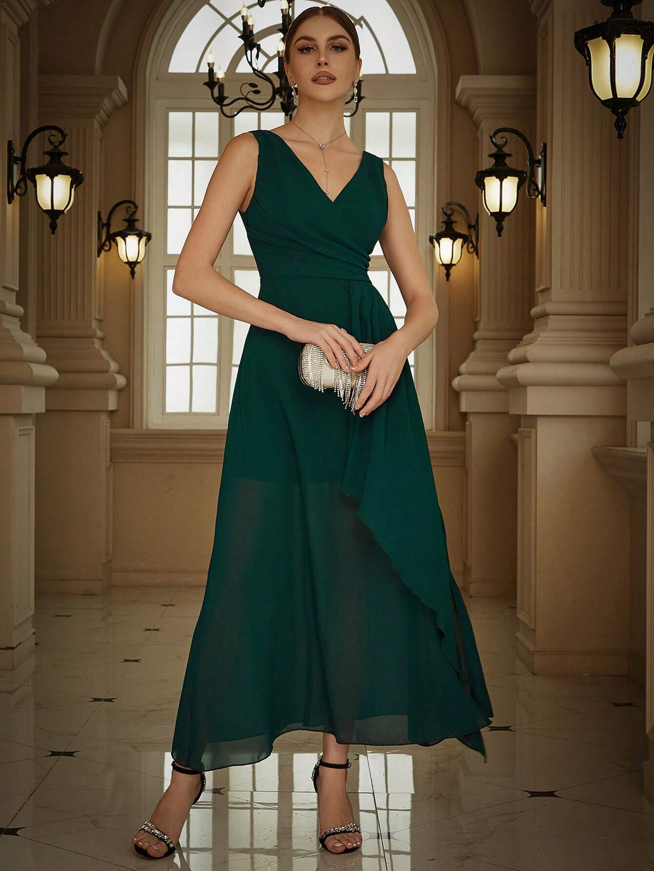 Eilly Bazar Surplice Neck Wrap Cross Draped Detail Party Dress | SHEIN