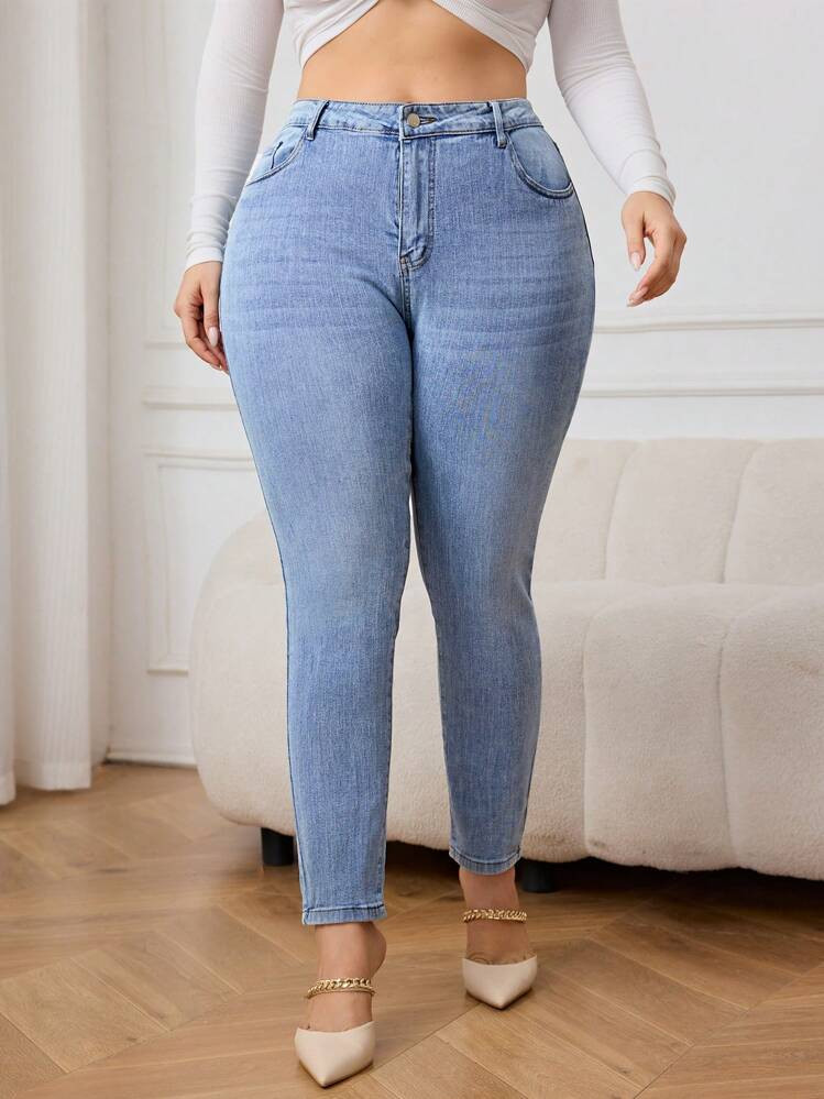NewTrendsPlus Size Skinny Jeans For Women Light Blue High Waist High Stretchy Denim Jeans Pants F... | SHEIN