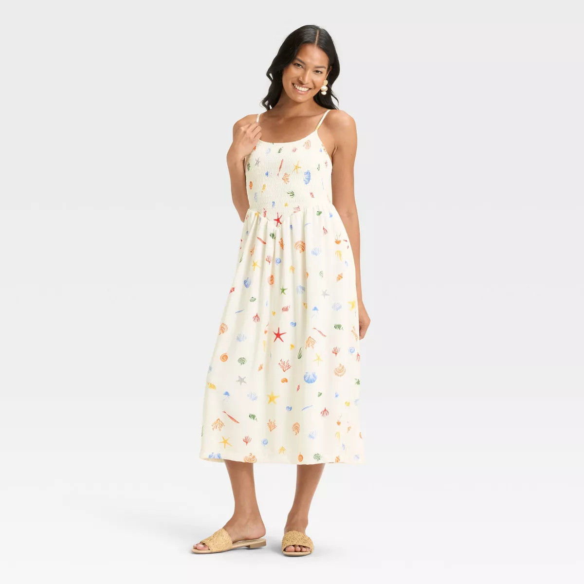 Women's Smocked V-Waist Midi Dress - A New Day™ Cream Seashell S | Target
