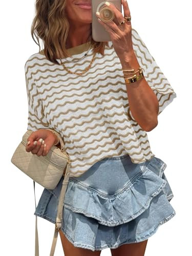 Tankaneo Womens Short Sleeve Sweater Striped Cropped Sweaters 2026 Summer Casual Crewneck Lightweight Knit Tops Khaki | Amazon (US)