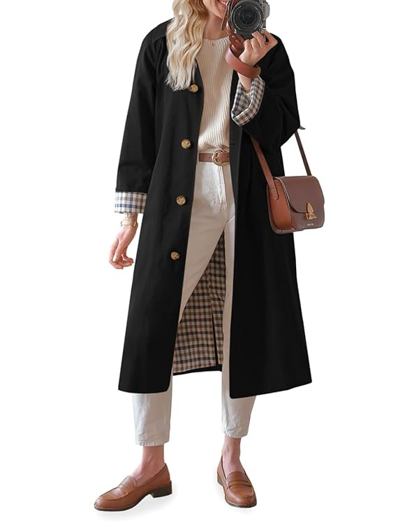 Tankaneo Womens Long Trench Coat Single Breasted Oversized Windproof Overcoat Fashion Outerwear | Amazon (US)