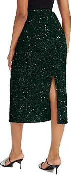 Women's Sequin Velvet Midi Skirt Elastic High Waist Night Out Split Hem Party Skirts | Amazon (US)