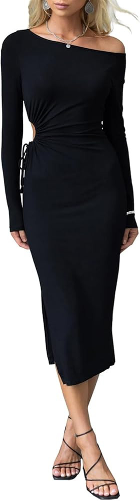 IHOT Women's Casual Long Sleeve Cutout Drawstring Ruched Side Slit Ribbed Knit Bodycon Midi Dress | Amazon (US)